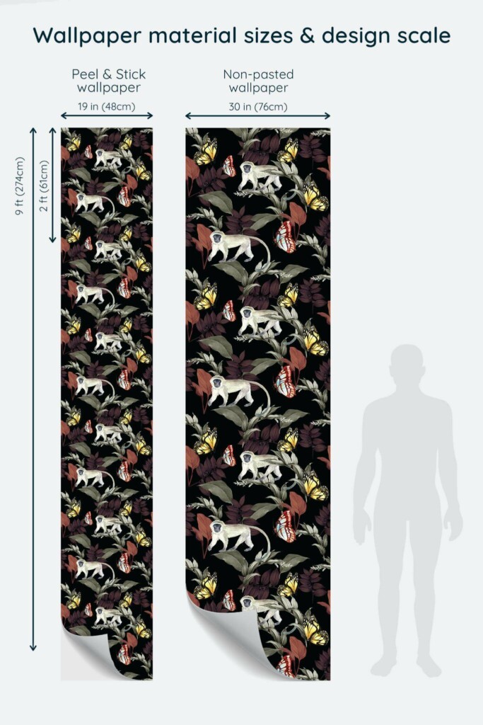 Size comparison of Tropical monkey Peel & Stick and Non-pasted wallpapers with design scale relative to human figure