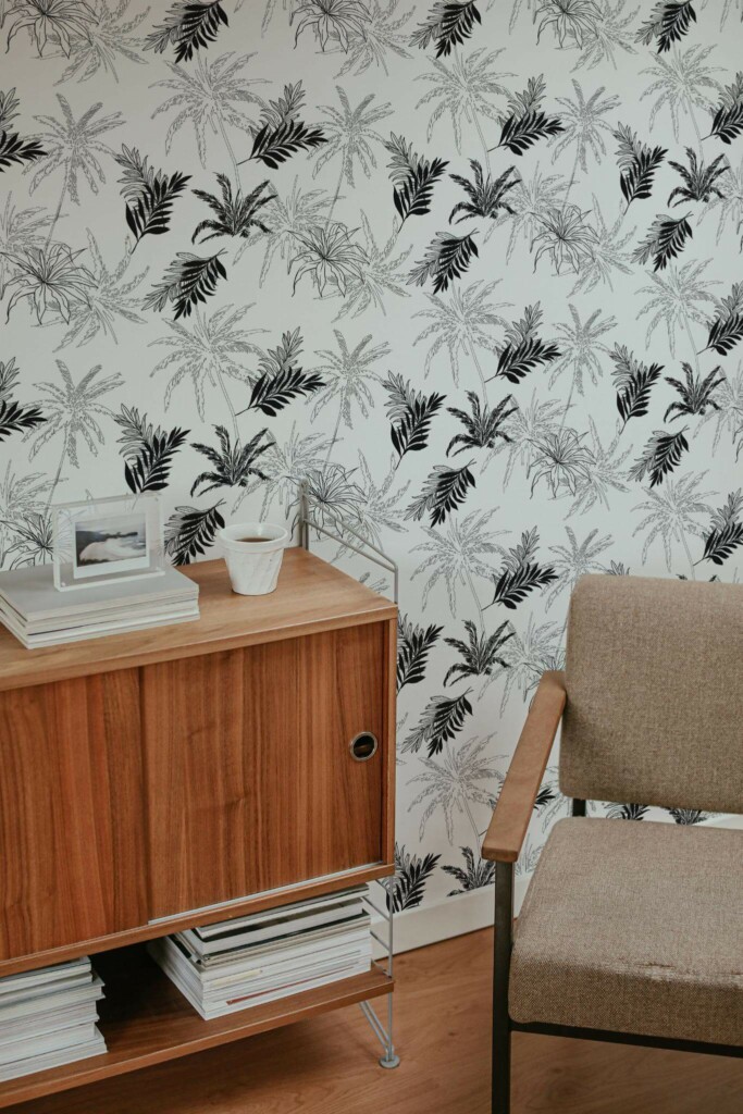 Mid-century style living room decorated with Tropical palm peel and stick wallpaper