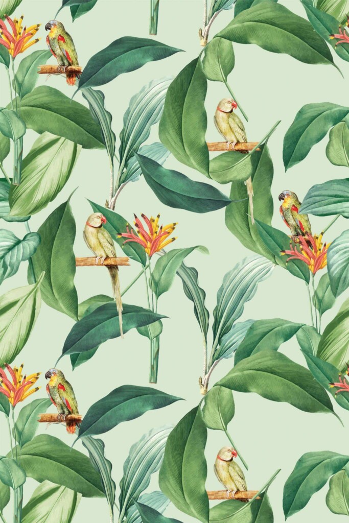 Pattern repeat of Tropical parrot removable wallpaper design