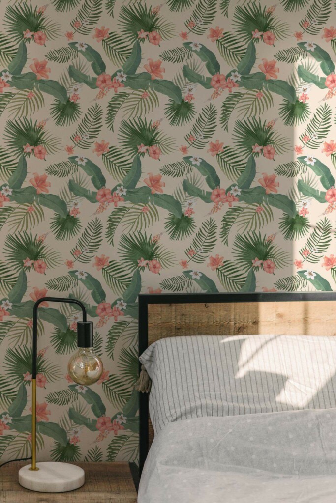 Minimal modern style bedroom decorated with Tropical peel and stick wallpaper