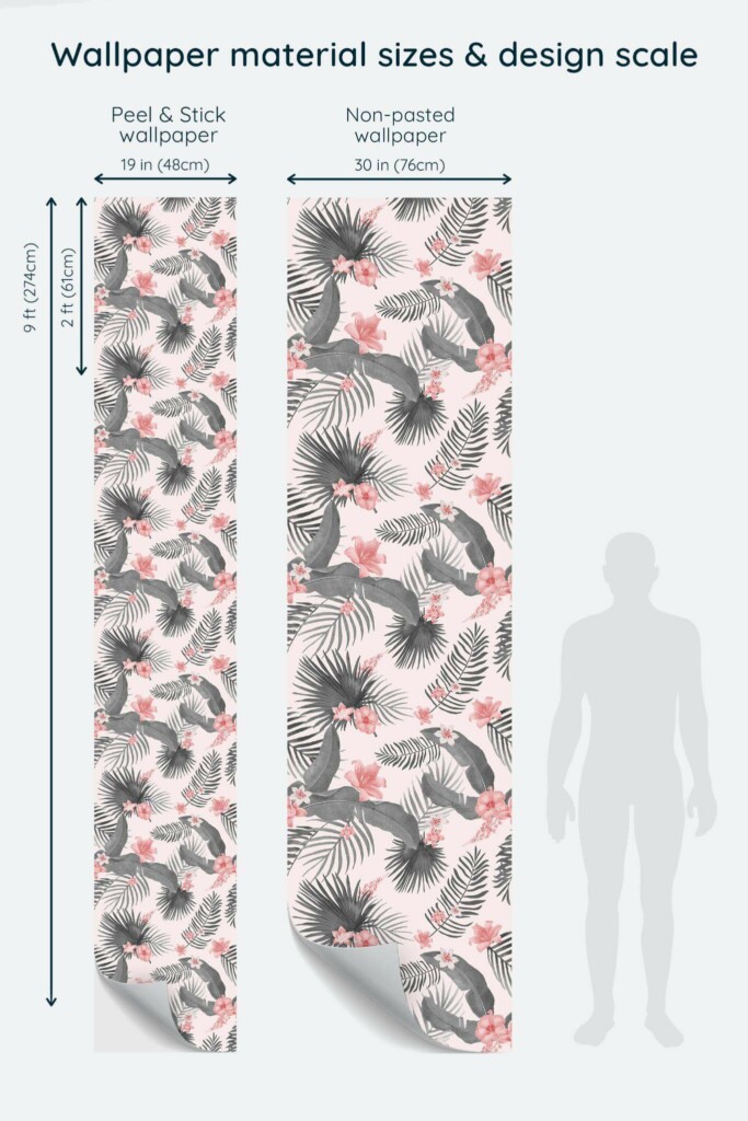 Size comparison of Tropical summer Peel & Stick and Non-pasted wallpapers with design scale relative to human figure