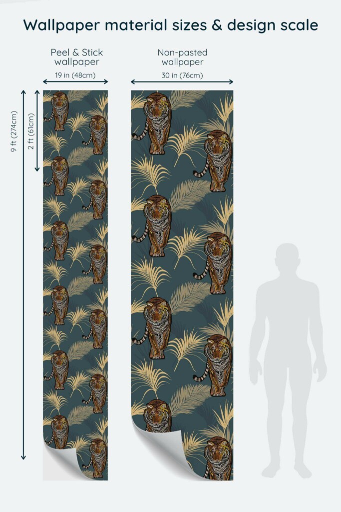 Size comparison of Tropical tiger Peel & Stick and Non-pasted wallpapers with design scale relative to human figure