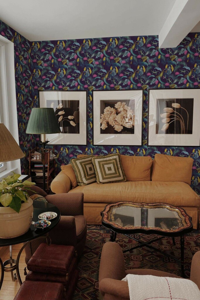 Mid-century eclectic style living room decorated with Tropical wonderland peel and stick wallpaper