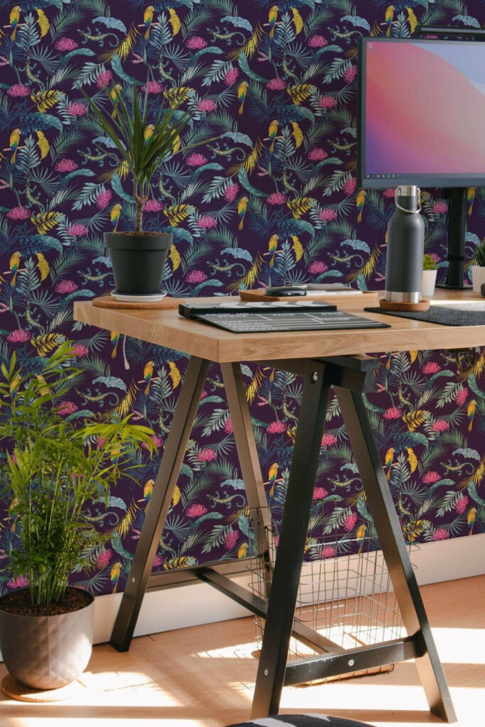 Scandinavian style home office decorated with Tropical wonderland peel and stick wallpaper