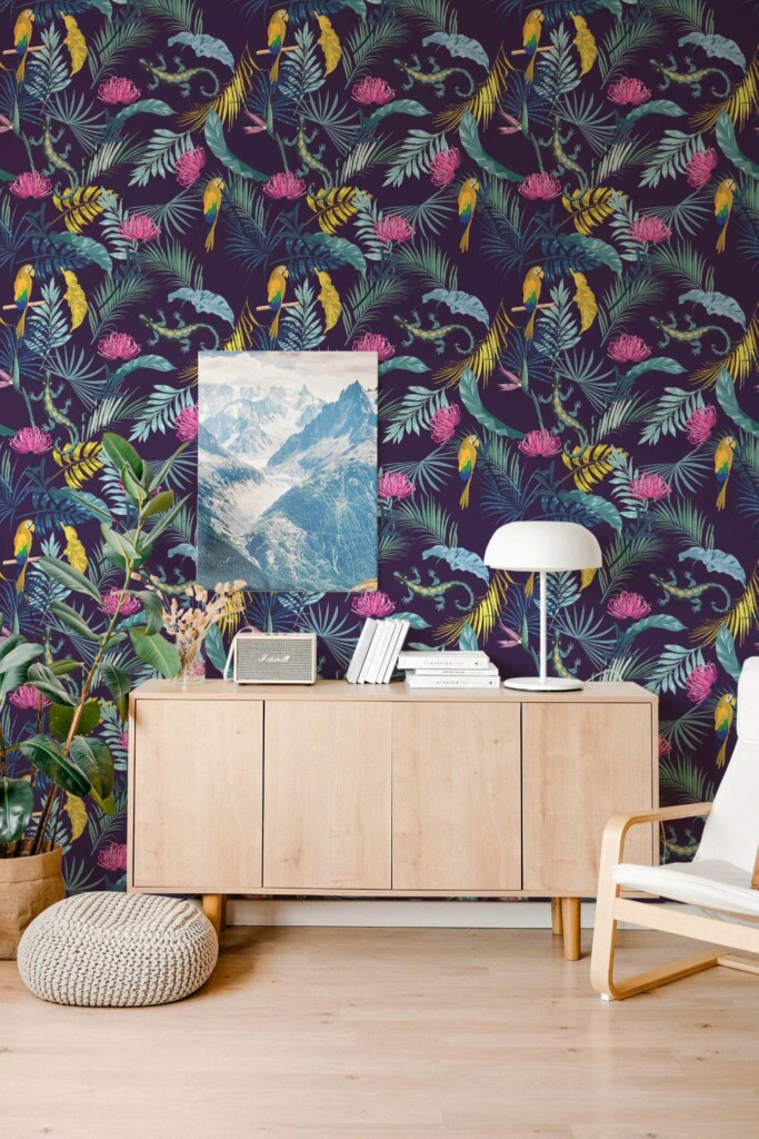 Scandinavian style living room decorated with Tropical wonderland peel and stick wallpaper