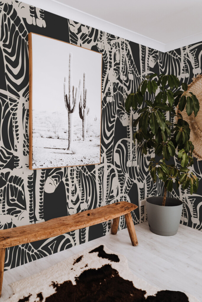 Removable wall mural with densely layered black and white animal patterns, ideal for eclectic and nature-themed interior spaces. The Fancy Walls peel and stick or non-pasted wallpaper.