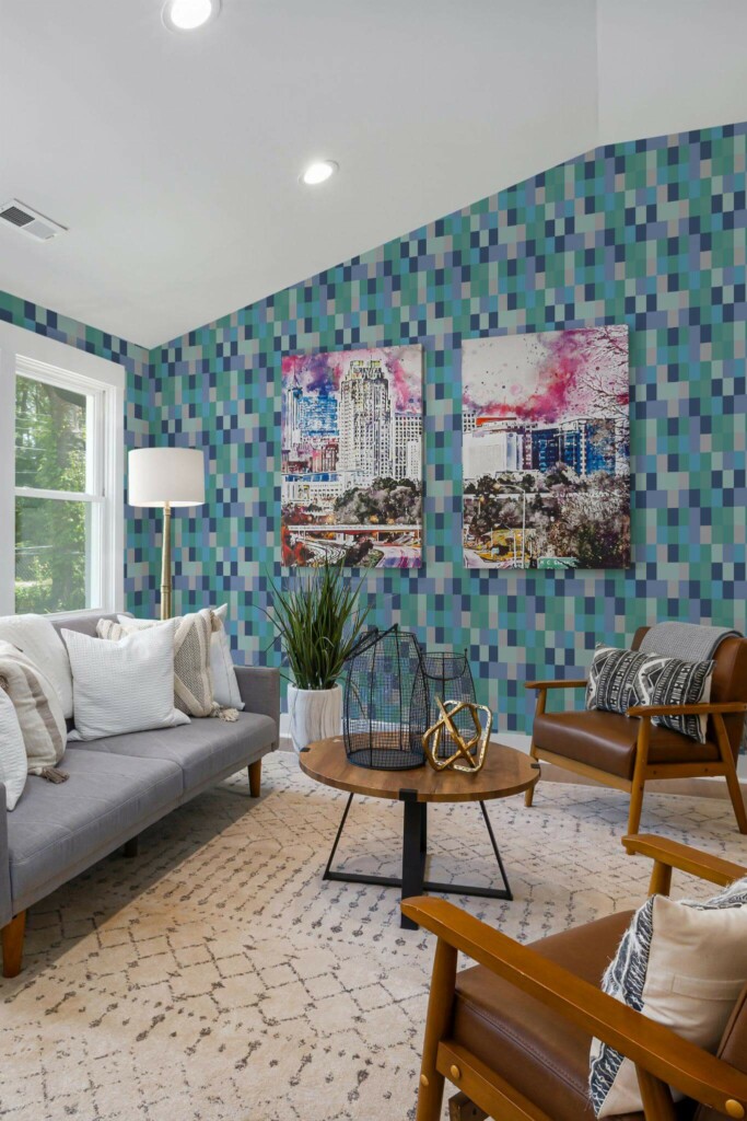Mid-century modern style living room decorated with Turquoise and gray geometry peel and stick wallpaper and colorful funky artwork