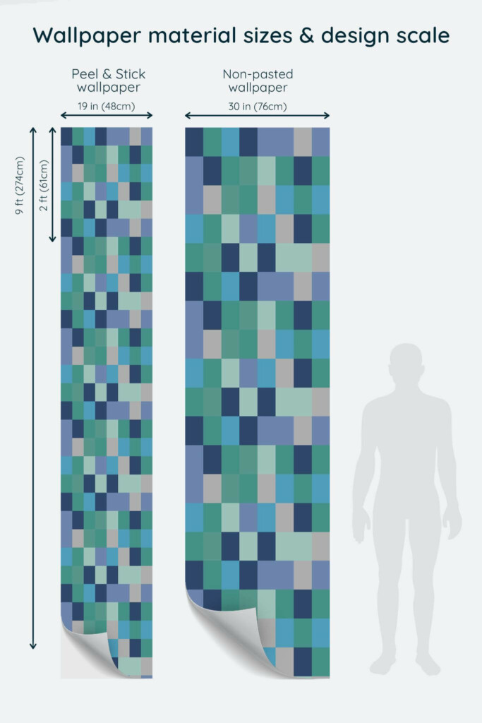 Size comparison of Turquoise Blue Geometry Peel & Stick and Non-pasted wallpapers with design scale relative to human figure