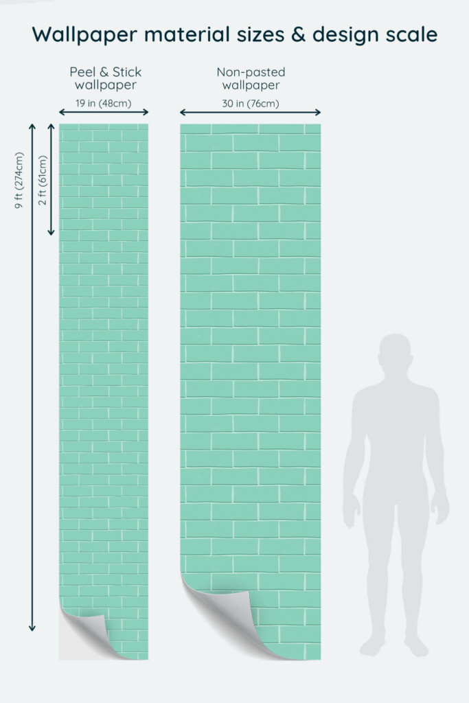 Size comparison of Turquoise Brick Aesthetic Peel & Stick and Non-pasted wallpapers with design scale relative to human figure