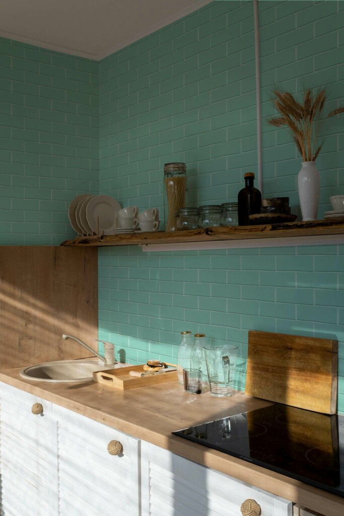 Minimal bohemian style kitchen decorated with Turquoise brick peel and stick wallpaper