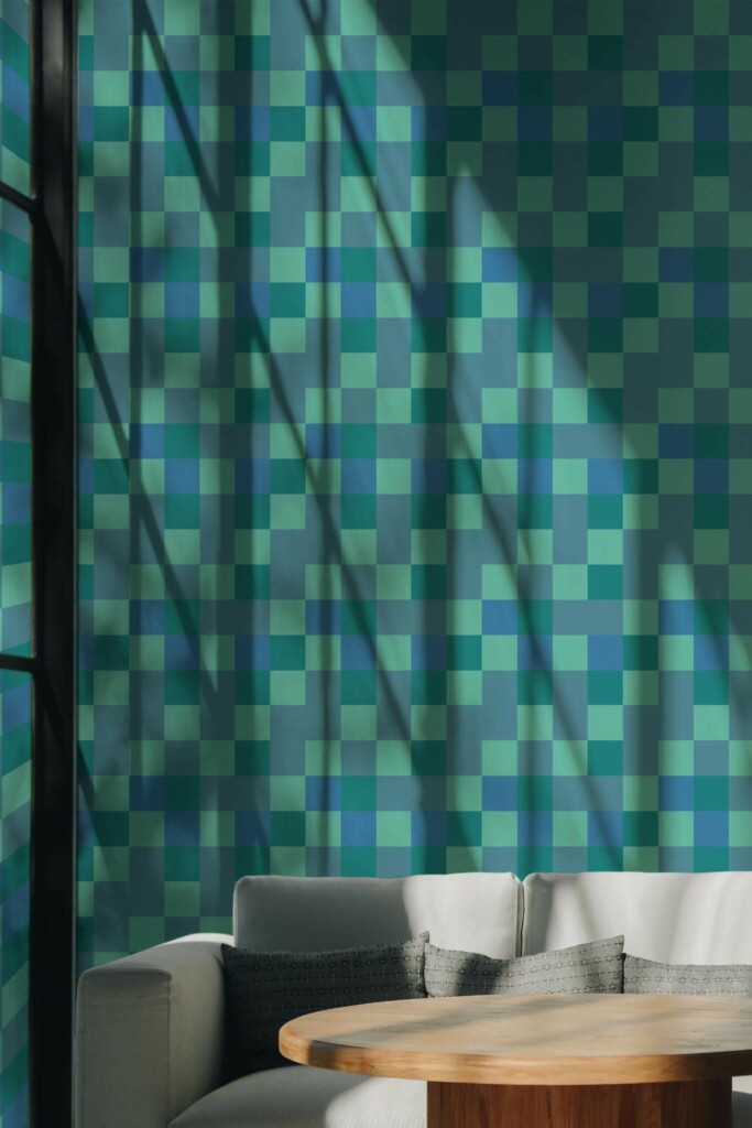 Scandinavian style living room decorated with Turquoise checkers peel and stick wallpaper