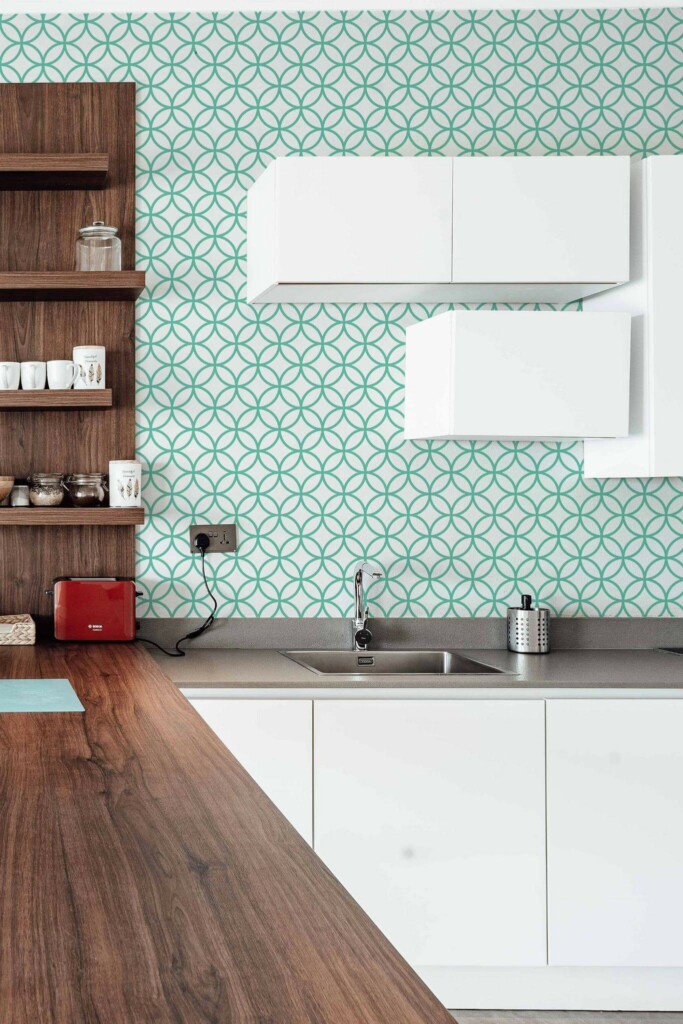 Rustic Scandinavian style kitchen decorated with Turquoise circles peel and stick wallpaper