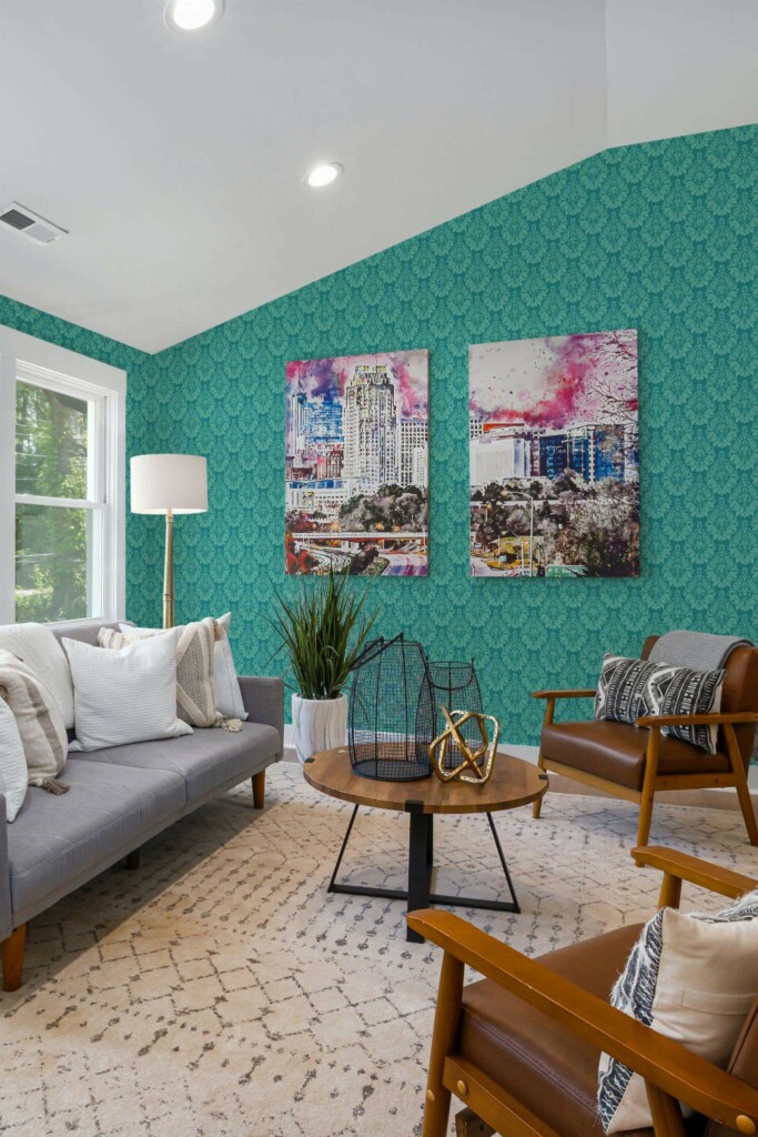 Mid-century modern style living room decorated with Turquoise damask peel and stick wallpaper and colorful funky artwork