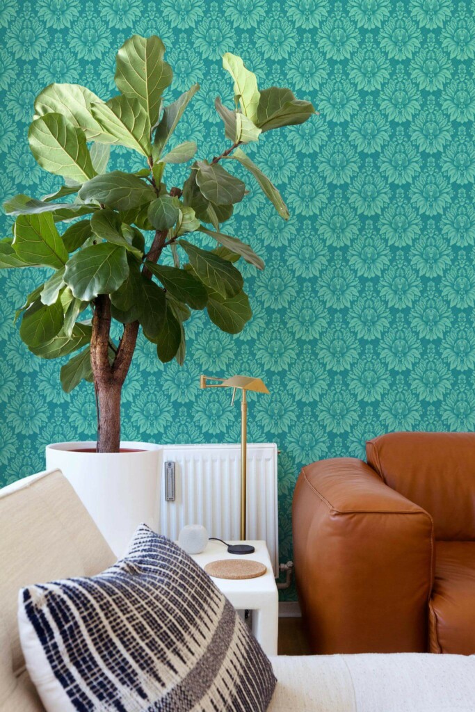 Mid-century style living room decorated with Turquoise damask peel and stick wallpaper