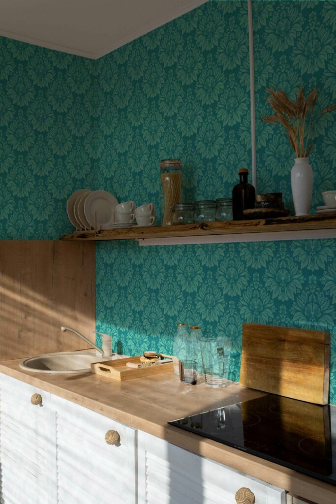 Minimal bohemian style kitchen decorated with Turquoise damask peel and stick wallpaper