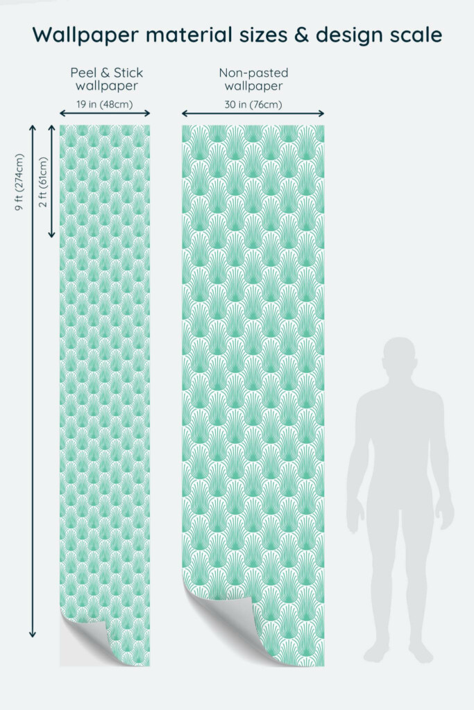 Size comparison of Turquoise Feather Dance Peel & Stick and Non-pasted wallpapers with design scale relative to human figure