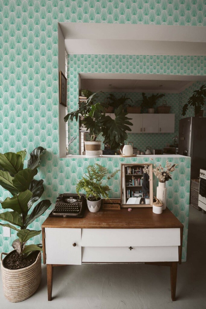 Boho style living room and kitchen decorated with Turquoise feathers peel and stick wallpaper and green plants