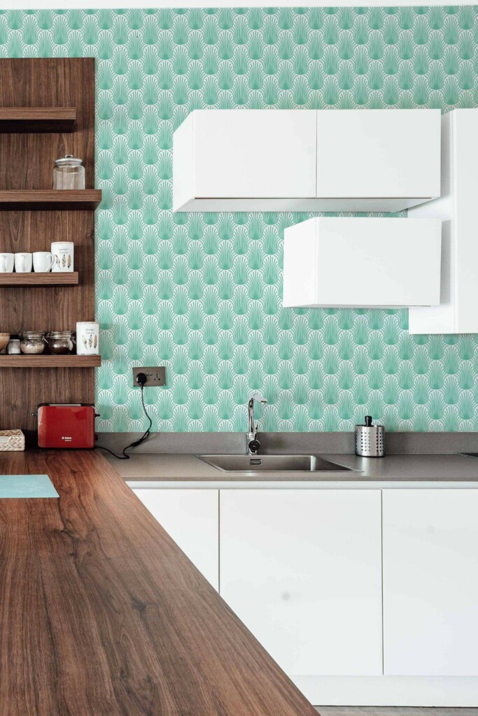Rustic Scandinavian style kitchen decorated with Turquoise feathers peel and stick wallpaper