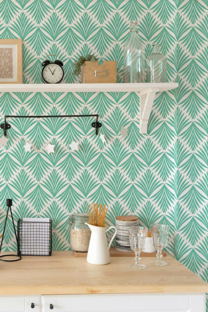 Light farmhouse style kitchen decorated with Turquoise geometric leaf peel and stick wallpaper