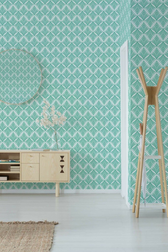 Minimal style entryway decorated with Turquoise geometric leaf peel and stick wallpaper