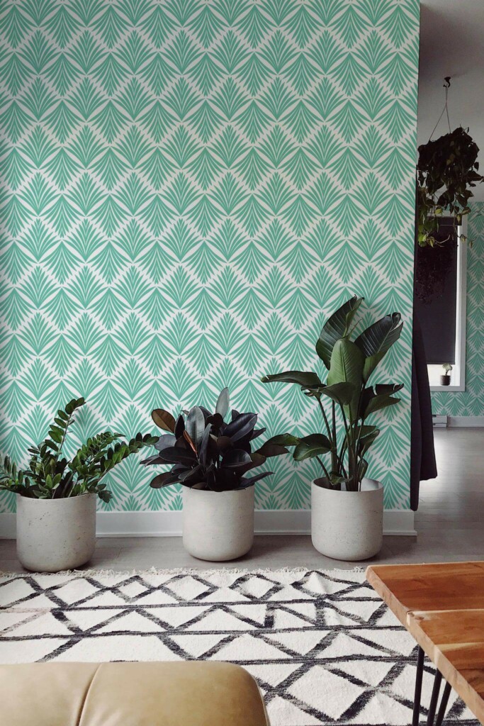 Scandinavian style living room decorated with Turquoise geometric leaf peel and stick wallpaper