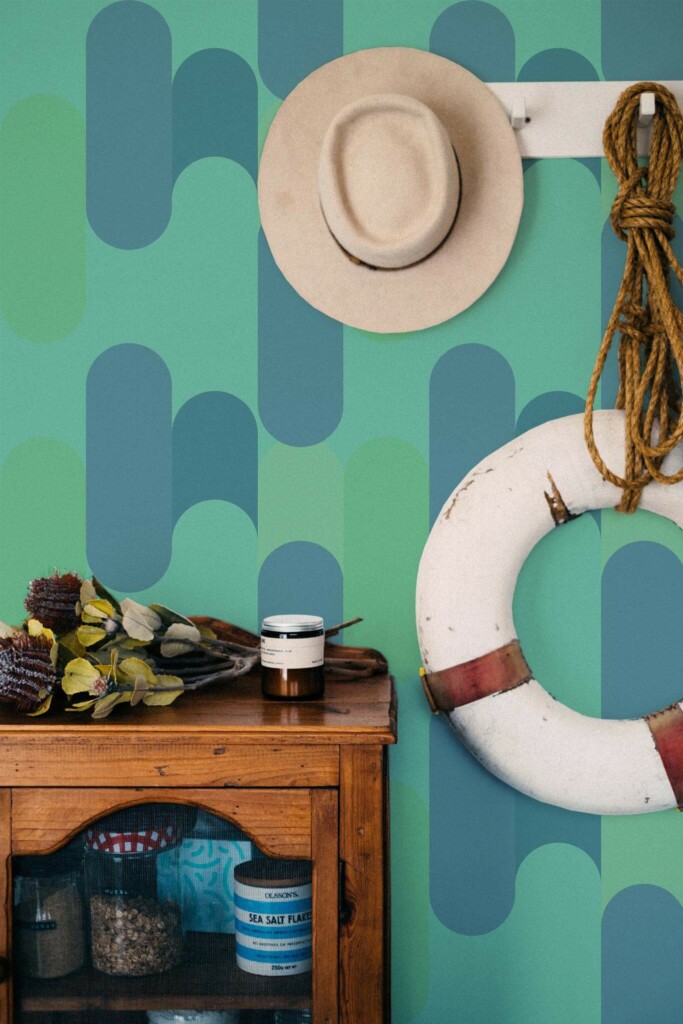 Coastal nautical style living room decorated with Turquoise geometry peel and stick wallpaper
