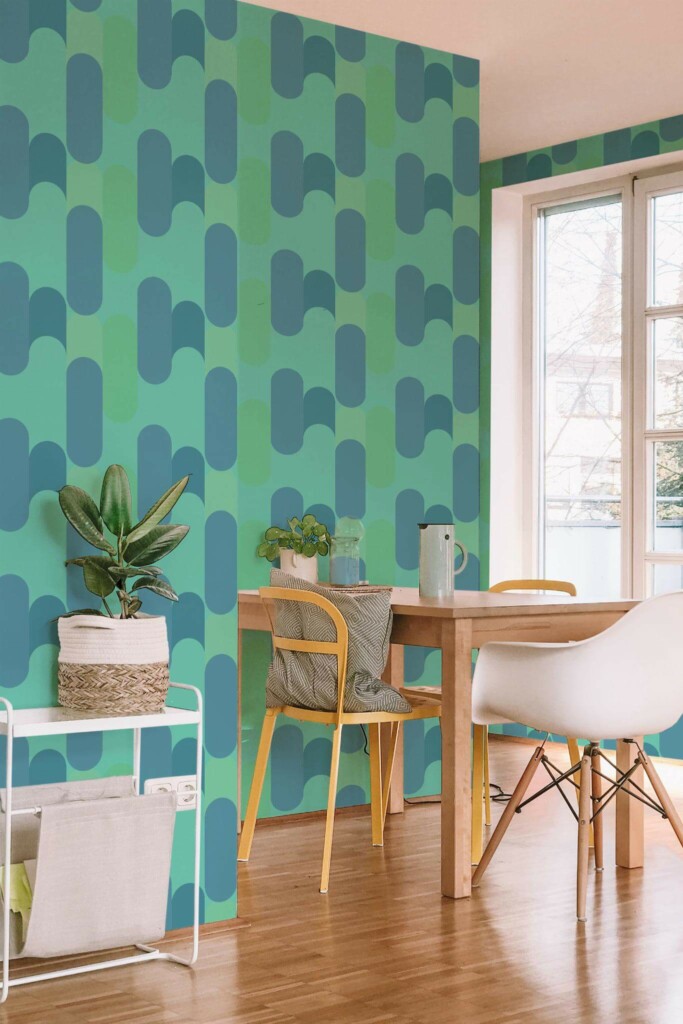 Minimal scandinavian style dining room decorated with Turquoise geometry peel and stick wallpaper