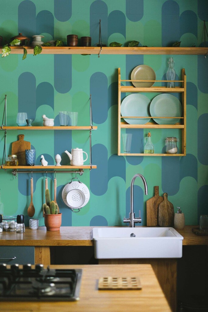 Rustic farmhouse style kitchen decorated with Turquoise geometry peel and stick wallpaper