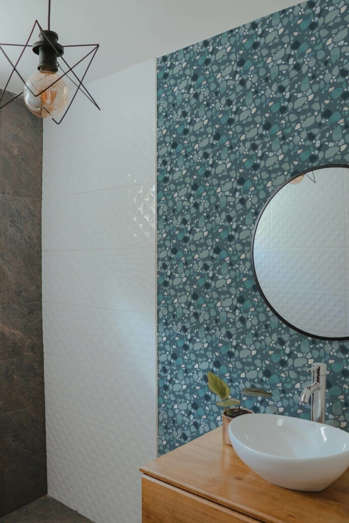 Modern style bathroom decorated with Turquoise terrazzo peel and stick wallpaper