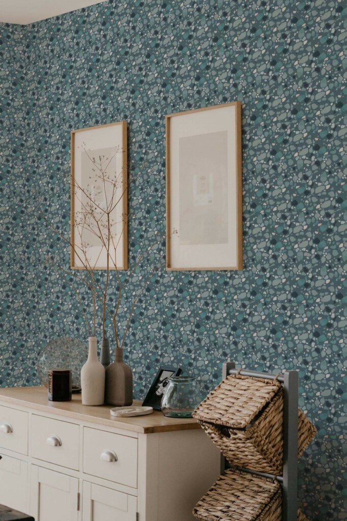 Scandinavian style bedroom decorated with Turquoise terrazzo peel and stick wallpaper