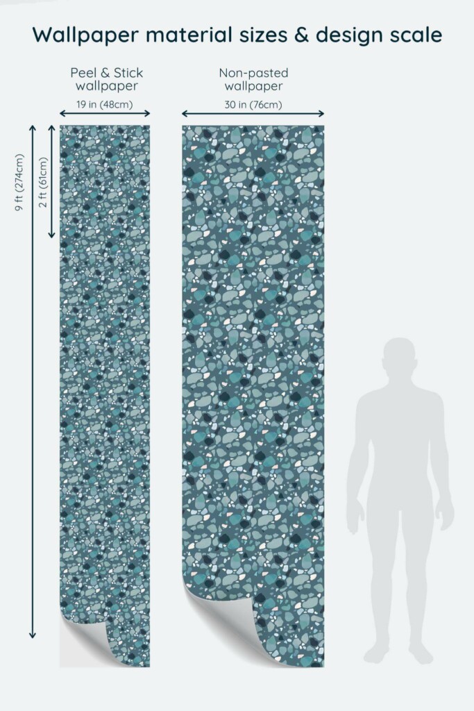 Size comparison of Turquoise terrazzo Peel & Stick and Non-pasted wallpapers with design scale relative to human figure