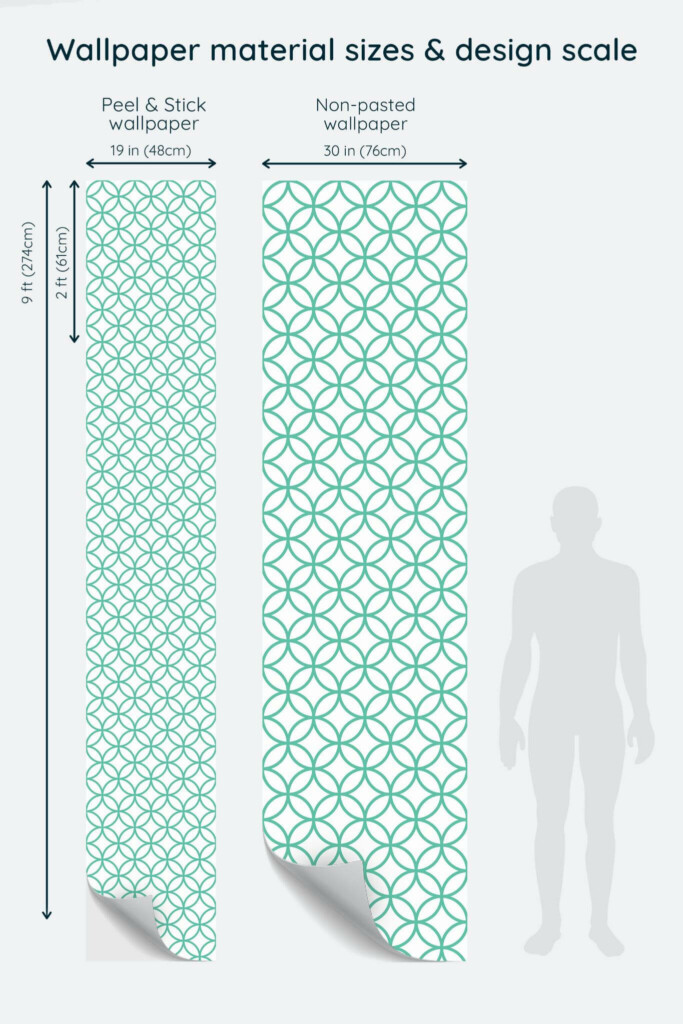 Size comparison of Turquoise Twist Peel & Stick and Non-pasted wallpapers with design scale relative to human figure