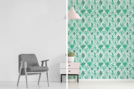 Fancy Walls' peel and stick wallpaper with turquoise art deco design