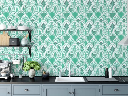 Fancy Walls' unpasted wallpaper in turquoise art deco style