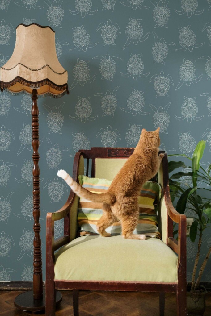 Victorian style living room with a cat decorated with Turtles peel and stick wallpaper