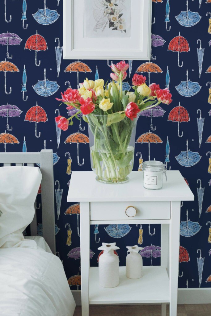 Farmhouse style bedroom decorated with Umbrella peel and stick wallpaper