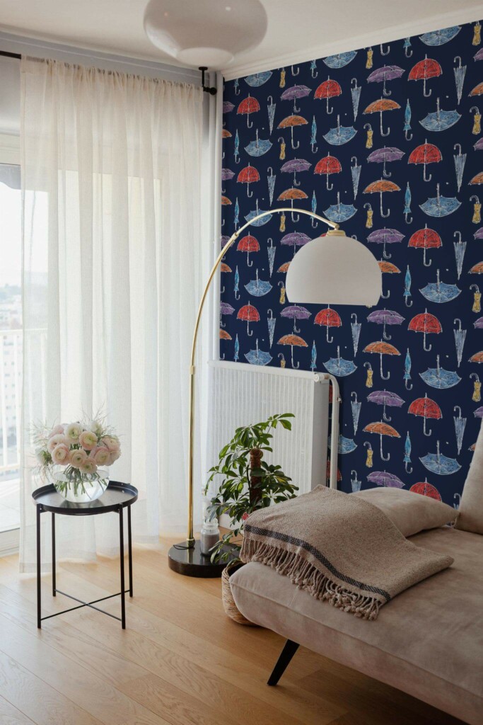 Bohemian Scandinavian style living room decorated with Umbrella peel and stick wallpaper