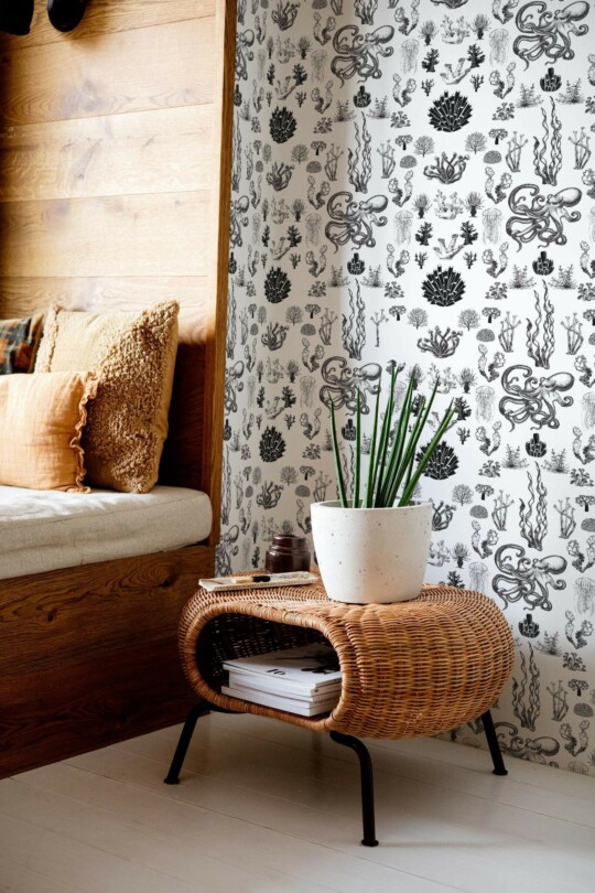 Mid-century modern style bedroom decorated with Underwater world peel and stick wallpaper