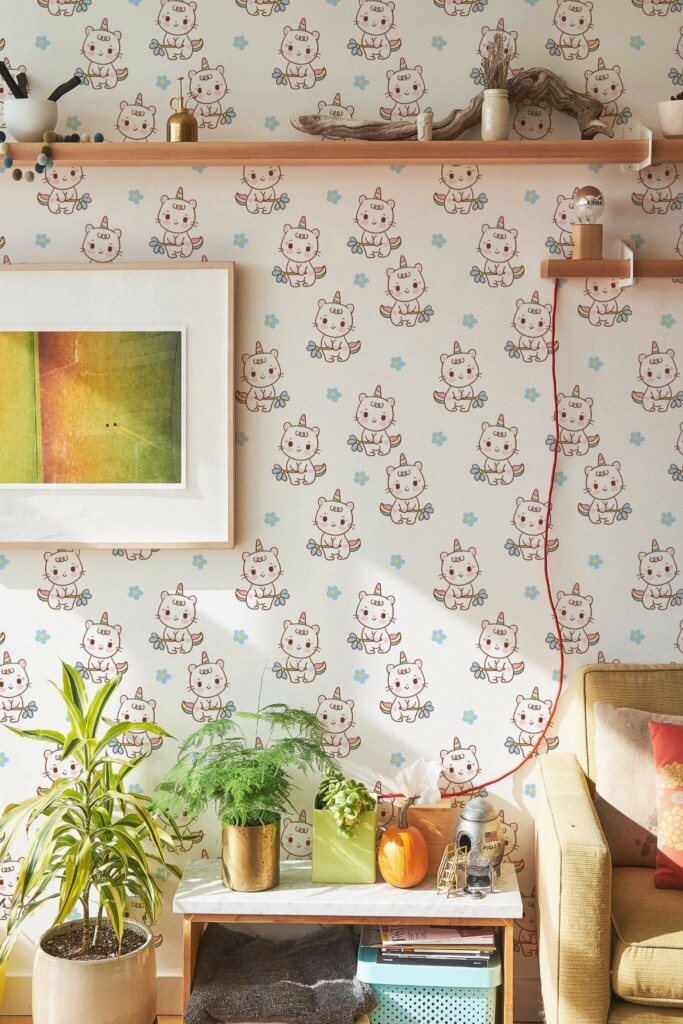 Southwestern style living room decorated with Unicorn cat peel and stick wallpaper