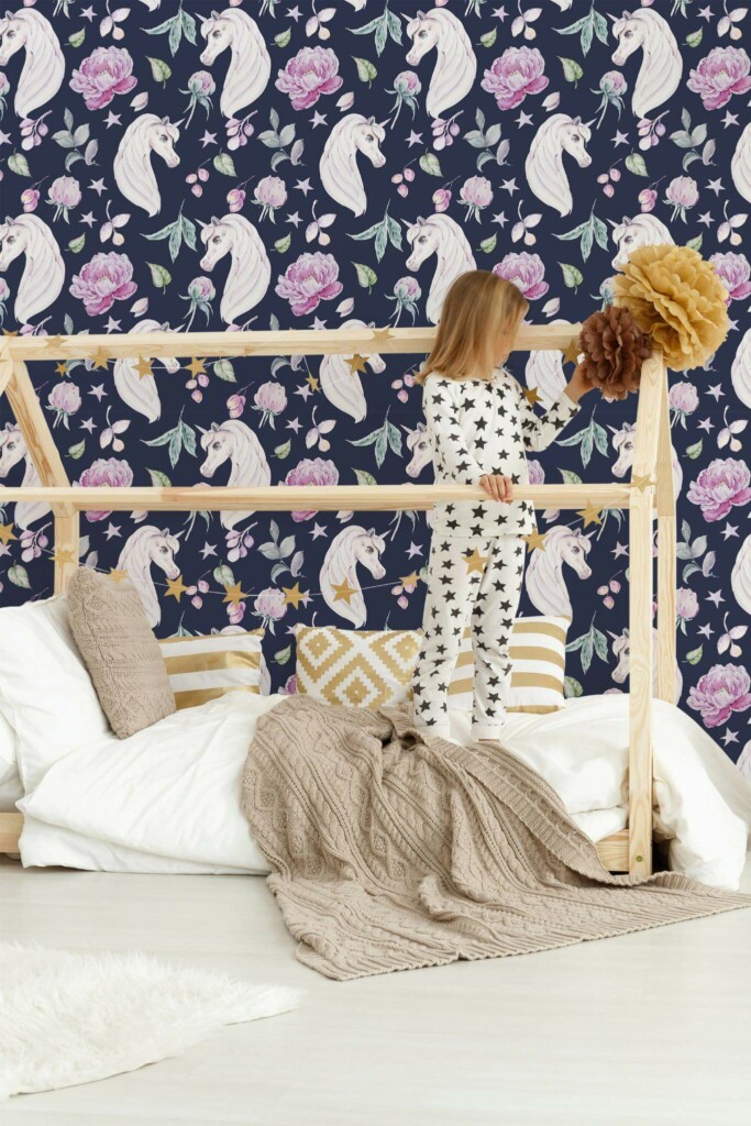 Bohemian style kids room decorated with Unicorn nursery peel and stick wallpaper