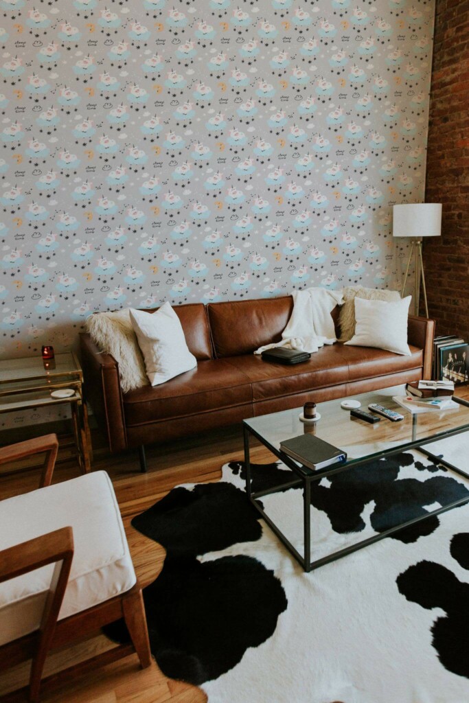 Mid-century modern style living room decorated with Unihorn peel and stick wallpaper