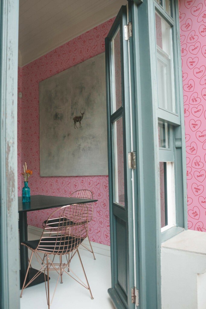 Minimal coastal style cafe decorated with Valentine peel and stick wallpaper