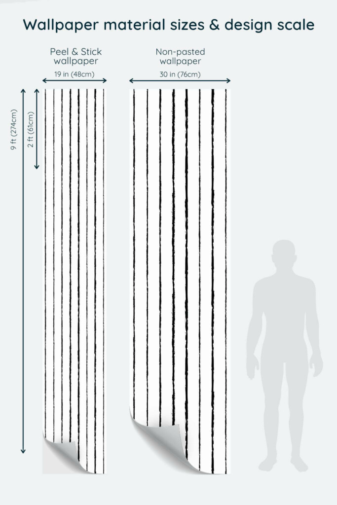 Size comparison of Vertical brush stroke lines Peel & Stick and Non-pasted wallpapers with design scale relative to human figure