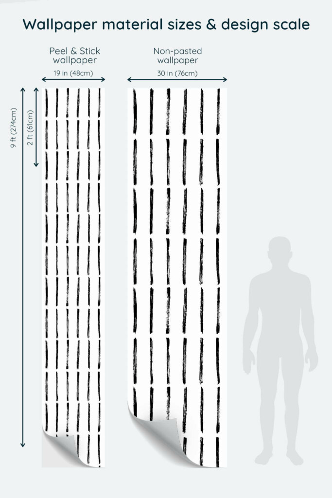 Size comparison of Vertical brush stroke Peel & Stick and Non-pasted wallpapers with design scale relative to human figure