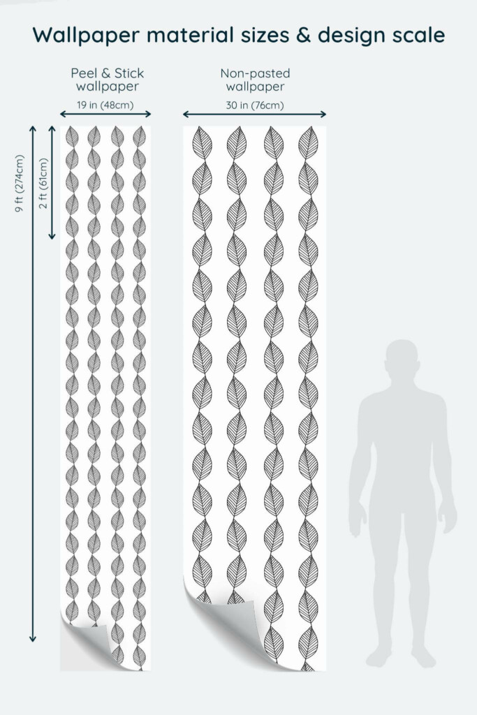 Size comparison of Vertical leaf print Peel & Stick and Non-pasted wallpapers with design scale relative to human figure