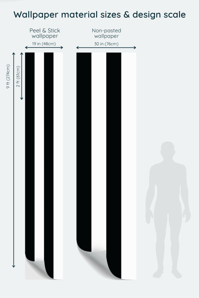 Size comparison of Vertical striped Peel & Stick and Non-pasted wallpapers with design scale relative to human figure