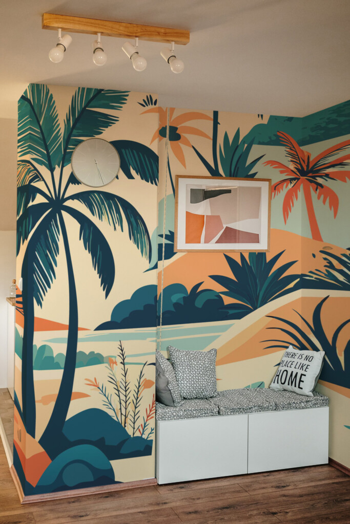 Wall paper mural of blue beach palms by Fancy Walls