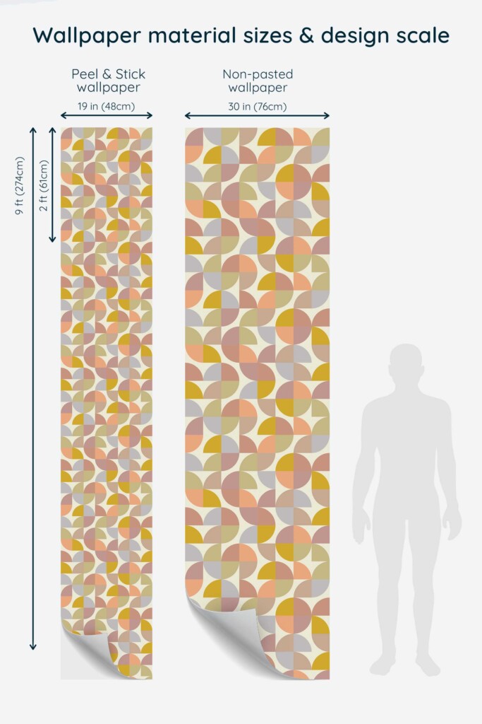 Full panel preview of Bakery Retro Colorful wallpaper showcasing a repeating geometric pattern in muted purple, mustard, pink, and sage tones. Ideal for visualizing scale and layout in modern bakeries or kitchen interiors.