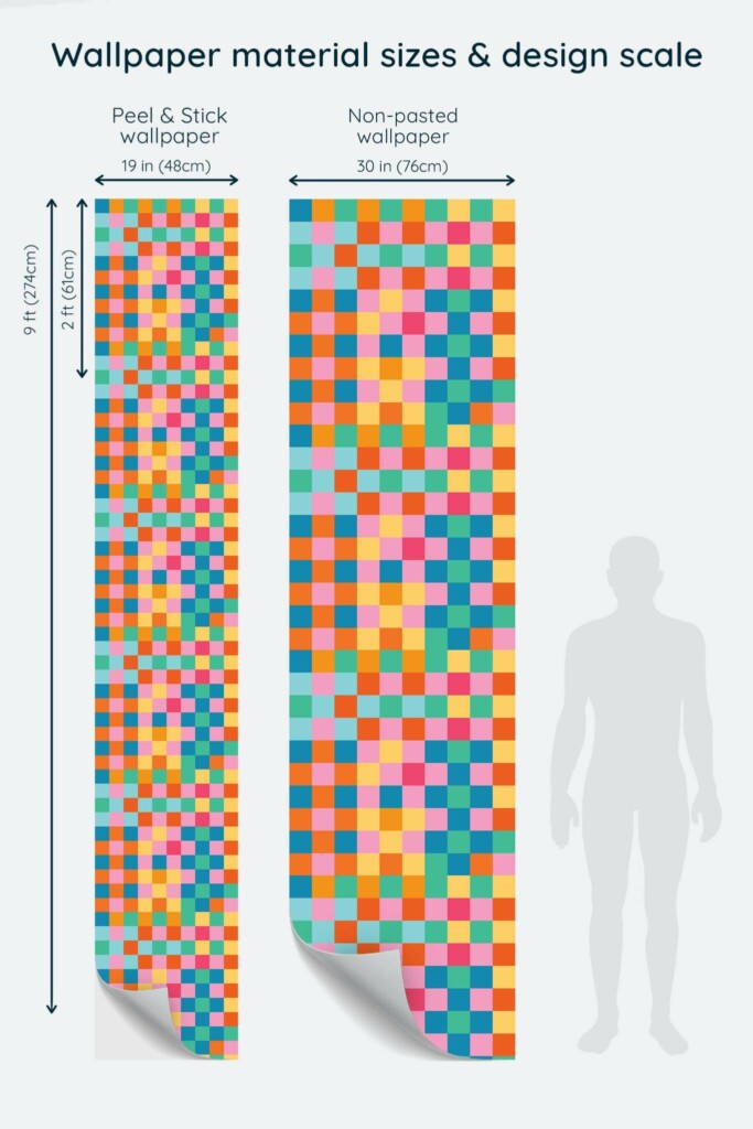 Size comparison of Vibrant Checkered Symphony Peel & Stick and Non-pasted wallpapers with design scale relative to human figure