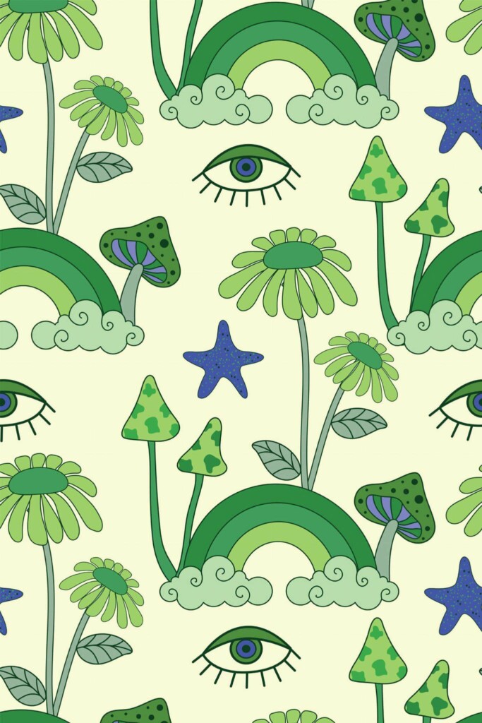 Pattern repeat of Vibrant Green Psychedelic removable wallpaper design